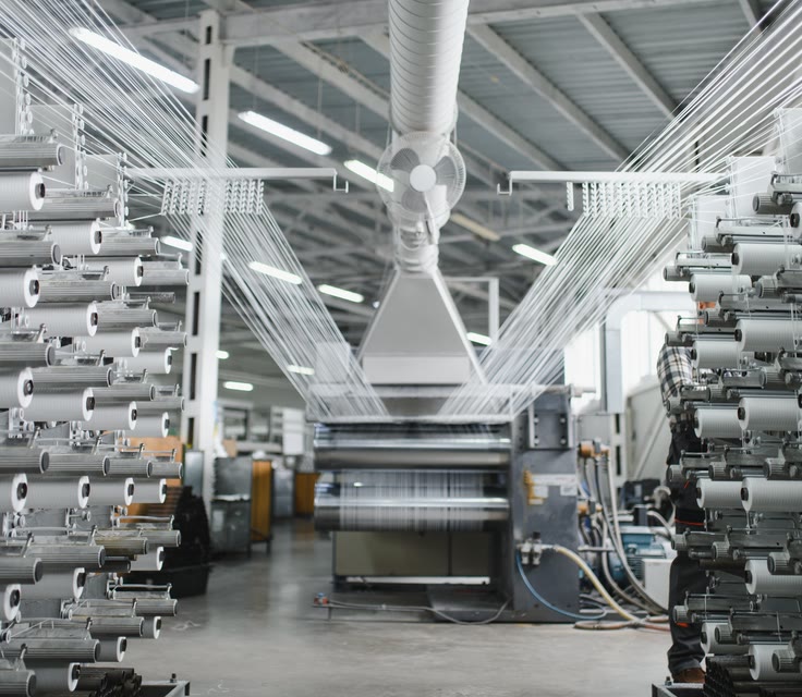 Warping machines drawing yarn across a mill floor